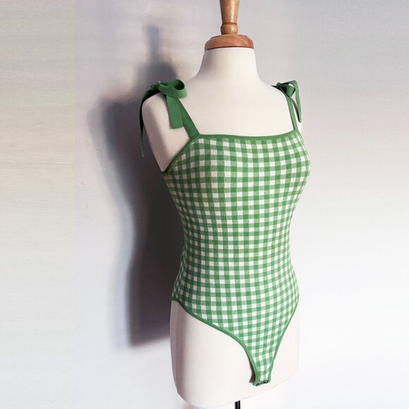 & Other Stories Green Gingham Tie Body Suit Small - Picture 4 of 5